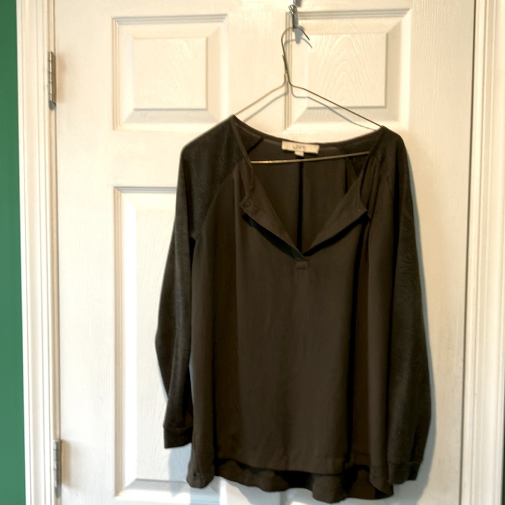 LOFT XS blouse baseball knit sleeves, sheer bodice olive green top shirt